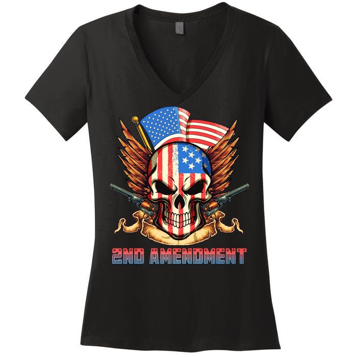 2nd Amendment USA Patriotic Skull Women's V-Neck T-Shirt