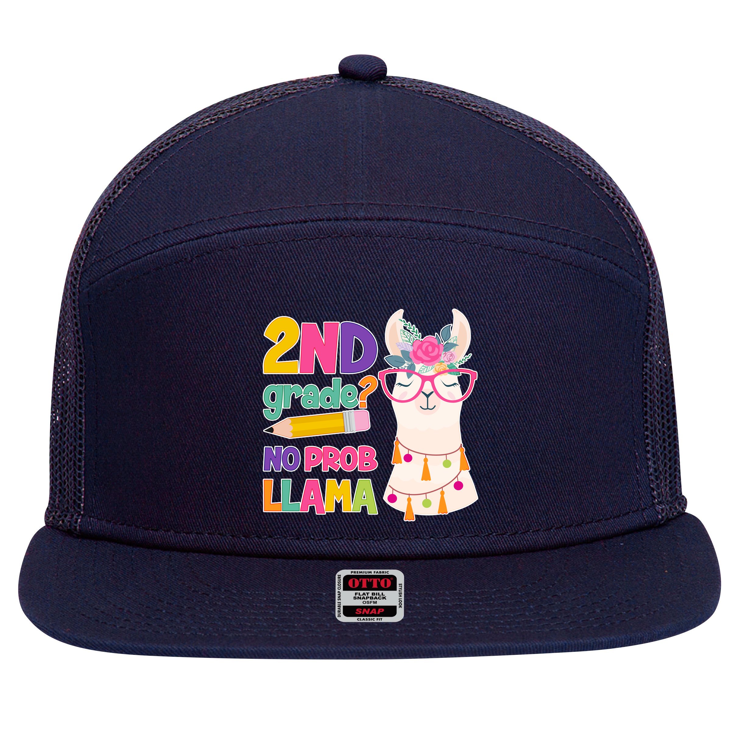2nd Grade? No Prob Llama 7 Panel Mesh Trucker Snapback Hat