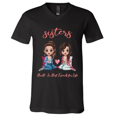 2 Sisters Anime Chibi Built In Best Friends For Life V-Neck T-Shirt