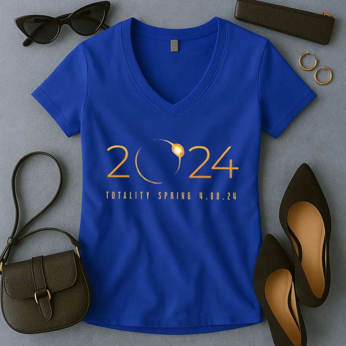 2024 Solar Eclipse American Totality Spring 4.08.24 Women's V-Neck T-Shirt