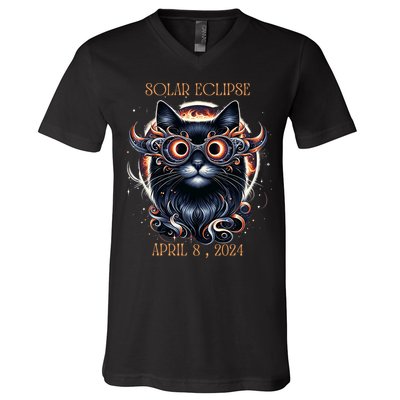 2024 Solar Eclipse Fantasy Cat Wearing Solar Eclipse Glasses V-Neck T-Shirt