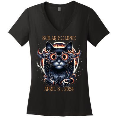 2024 Solar Eclipse Fantasy Cat Wearing Solar Eclipse Glasses Women's V-Neck T-Shirt