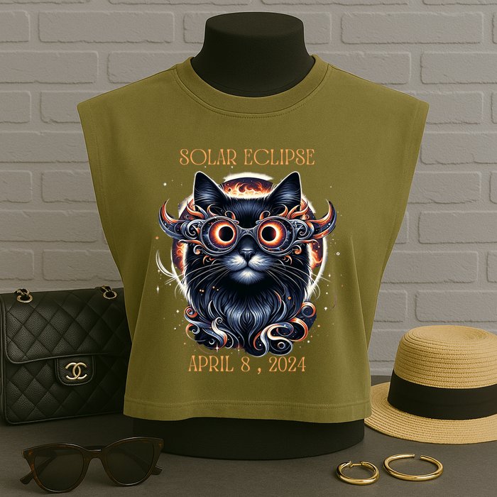 2024 Solar Eclipse Fantasy Cat Wearing Solar Eclipse Glasses Garment-Dyed Women's Muscle Tee