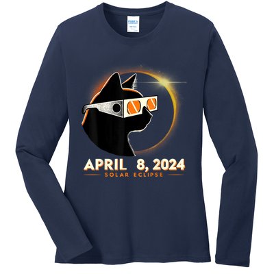 2024 Solar Eclipse Cat Wearing Solar Eclipse Glasses Ladies Long Sleeve Shirt