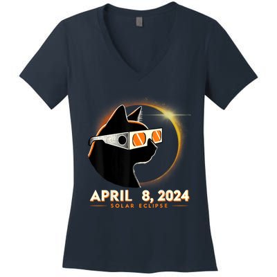 2024 Solar Eclipse Cat Wearing Solar Eclipse Glasses Women's V-Neck T-Shirt