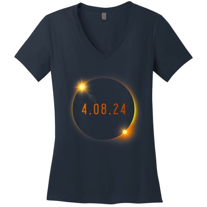 2024 Solar Eclipse American Totality Spring 4.08.24 Women's V-Neck T-Shirt