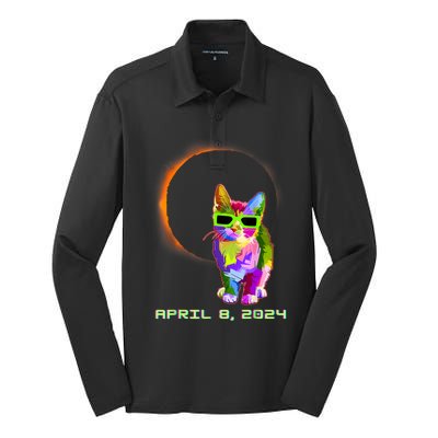 2024 Solar Eclipse Cat Wearing Solar Eclipse Glasses Silk Touch Performance Long Sleeve Polo