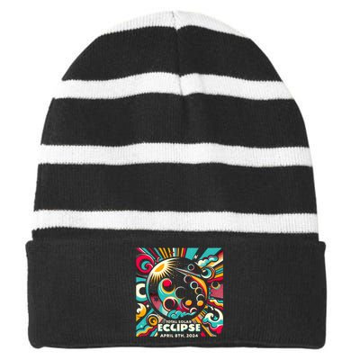 2024 Solar Eclipse 2024 04.08.24 Eclipse Design Striped Beanie with Solid Band