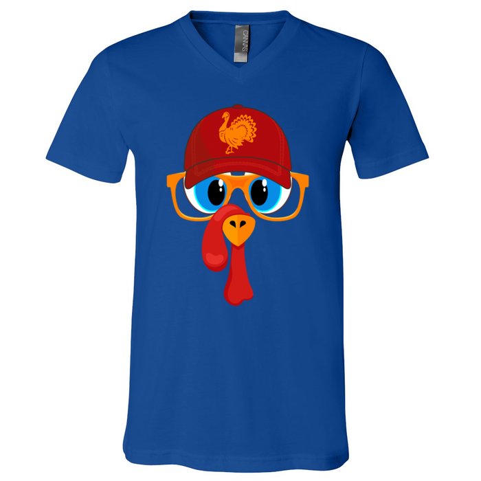 2 Sided Thanksgiving Turkey Face Baseball Hat And Glasses Gift V-Neck T-Shirt