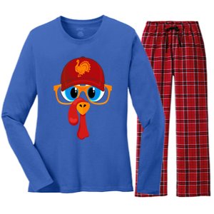 2 Sided Thanksgiving Turkey Face Baseball Hat And Glasses Gift Women's Long Sleeve Flannel Pajama Set 