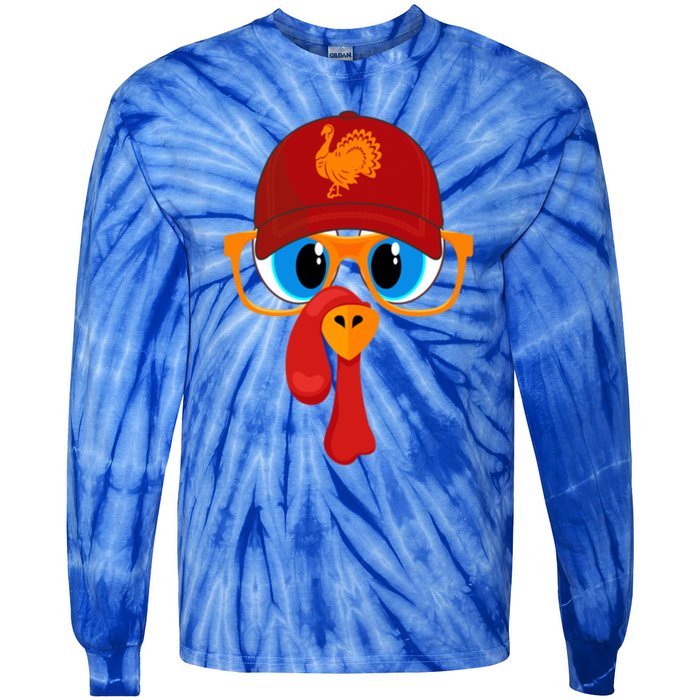 2 Sided Thanksgiving Turkey Face Baseball Hat And Glasses Gift Tie-Dye Long Sleeve Shirt