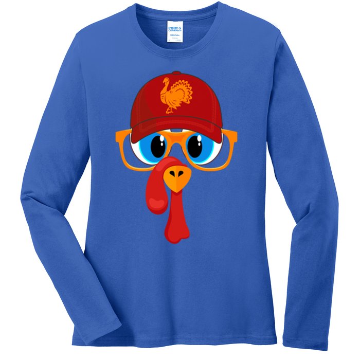 2 Sided Thanksgiving Turkey Face Baseball Hat And Glasses Gift Ladies Long Sleeve Shirt