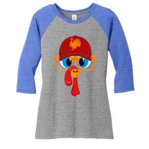 2 Sided Thanksgiving Turkey Face Baseball Hat And Glasses Gift Women's Tri-Blend 3/4-Sleeve Raglan Shirt