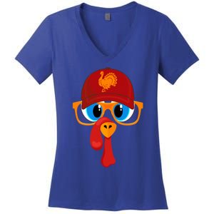 2 Sided Thanksgiving Turkey Face Baseball Hat And Glasses Gift Women's V-Neck T-Shirt