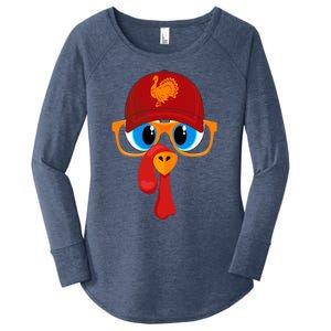 2 Sided Thanksgiving Turkey Face Baseball Hat And Glasses Gift Women's Perfect Tri Tunic Long Sleeve Shirt