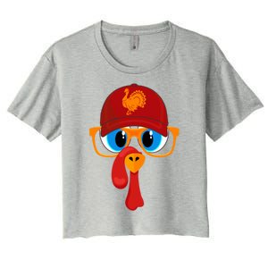 2 Sided Thanksgiving Turkey Face Baseball Hat And Glasses Gift Women's Crop Top Tee