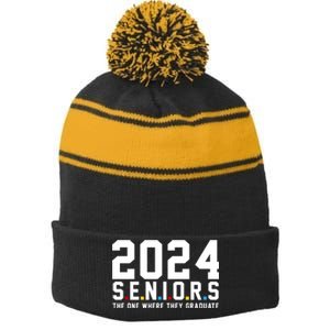 2024 Seniors The One Where They Graduated Stripe Pom Pom Beanie