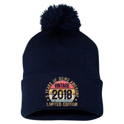 2018 Turning 5 BDay 5th Birthday 5 Years Old Vintage Pom Pom 12in Knit Beanie