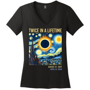 2024 Twice In A Lifetime Total Solar Eclipse Women's V-Neck T-Shirt