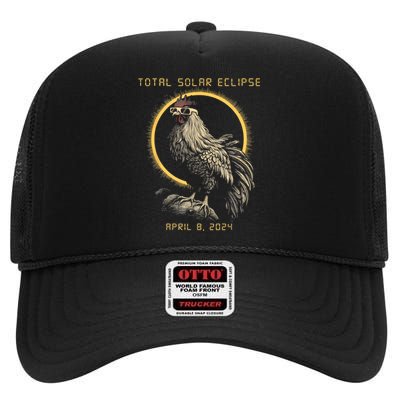 2024 Total Solar Eclipse April 8 Funny Rooster With Glasses High Crown Mesh Back Trucker Hat