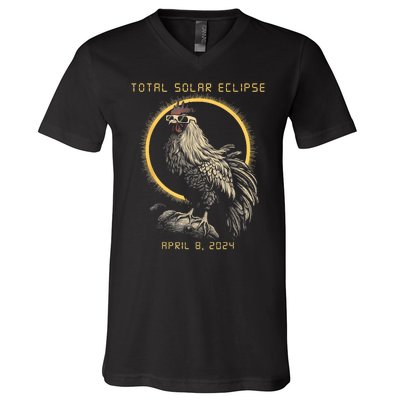 2024 Total Solar Eclipse April 8 Funny Rooster With Glasses V-Neck T-Shirt