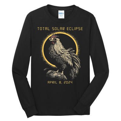 2024 Total Solar Eclipse April 8 Funny Rooster With Glasses Tall Long Sleeve T-Shirt