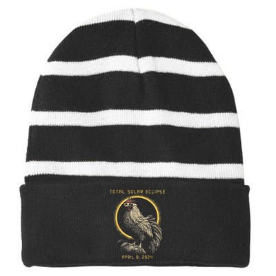 2024 Total Solar Eclipse April 8 Funny Rooster With Glasses Striped Beanie with Solid Band