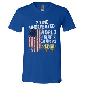 2 Time Undefeated World War Champs Distressed Gift V-Neck T-Shirt