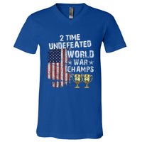 2 Time Undefeated World War Champs Distressed Gift V-Neck T-Shirt