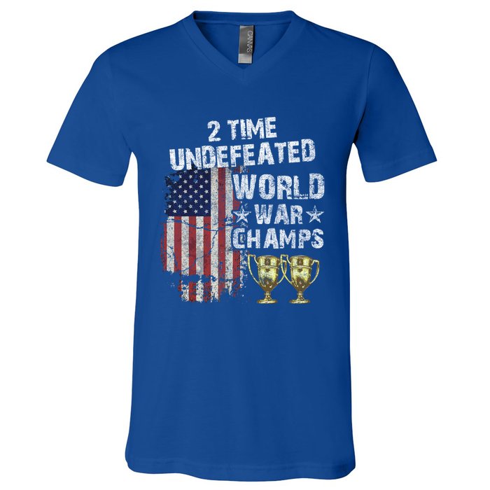 2 Time Undefeated World War Champs Distressed Gift V-Neck T-Shirt