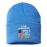 2 Time Undefeated World War Champs Distressed Gift Sustainable Knit Beanie