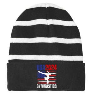 2024 Usa American Flag Gymnastics Gymnast 4th Of July Striped Beanie with Solid Band