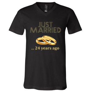 24th Wedding Anniversary Just Married 24 Years Ago V-Neck T-Shirt