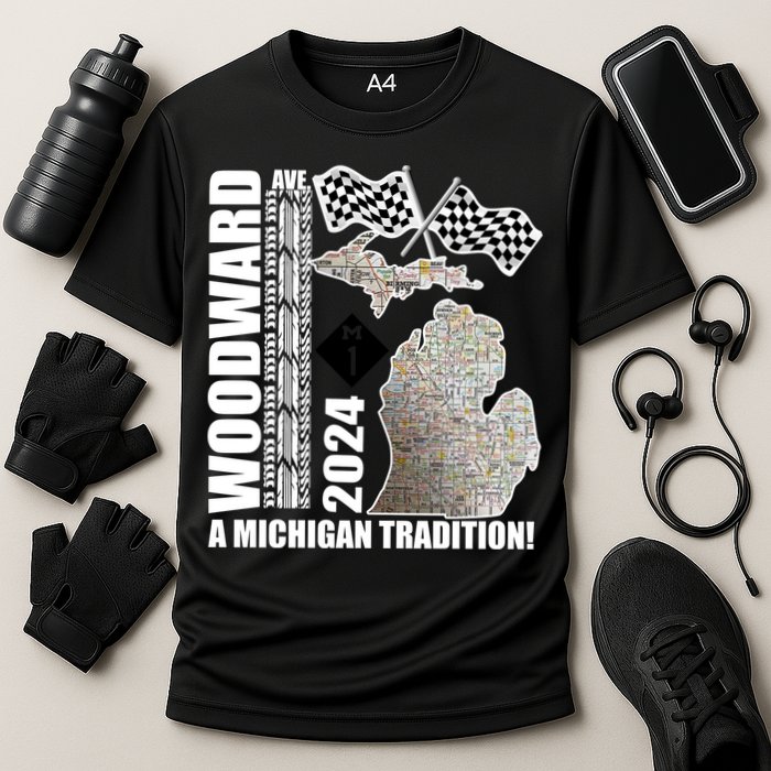 2024 Woodward Ave A Michigan Tradition Map Cooling Performance Crew T-Shirt