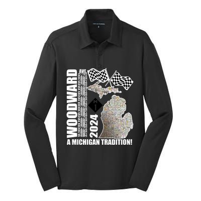 2024 Woodward Ave A Michigan Tradition Map Silk Touch Performance Long Sleeve Polo