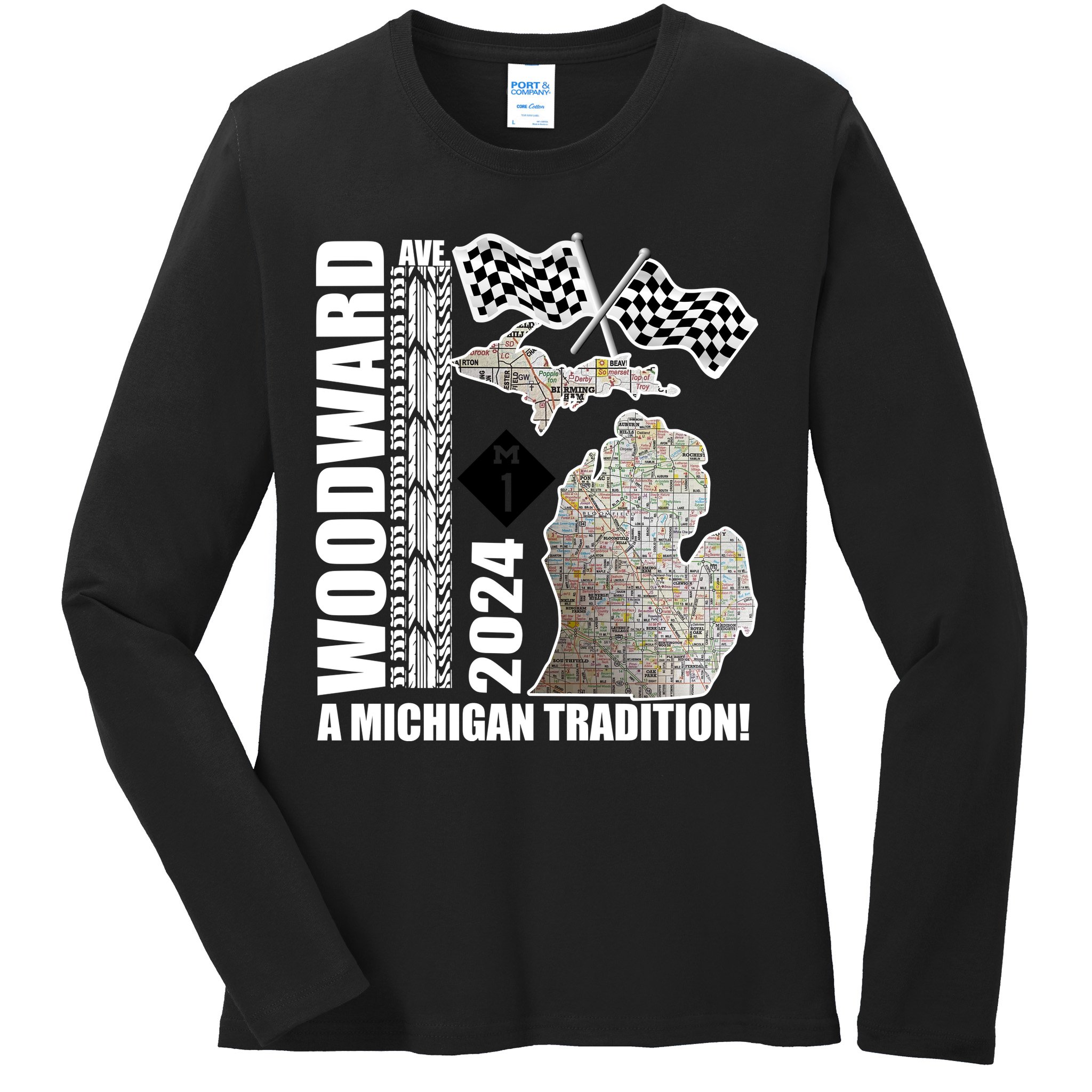 2024 Woodward Ave A Michigan Tradition Map Ladies Long Sleeve Shirt