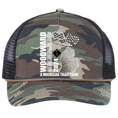 2024 Woodward Ave A Michigan Tradition Map Retro Rope Trucker Hat Cap