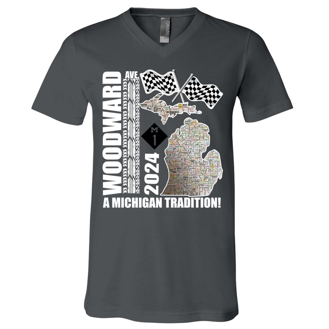 2024 Woodward Ave A Michigan Tradition Map V-Neck T-Shirt