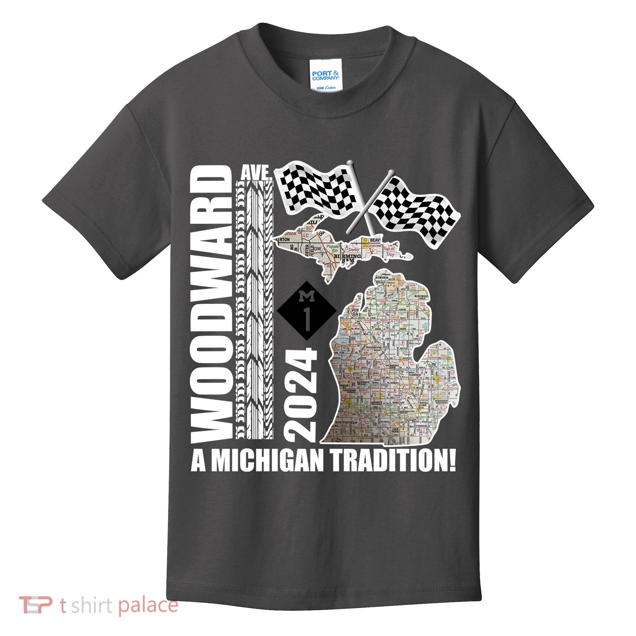 2024 Woodward Ave A Michigan Tradition Map Kids T-Shirt