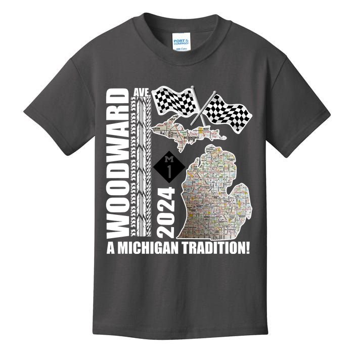 2024 Woodward Ave A Michigan Tradition Map Kids T-Shirt