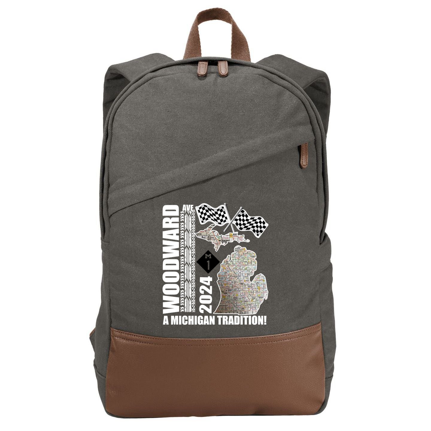 2024 Woodward Ave A Michigan Tradition Map Cotton Canvas Backpack