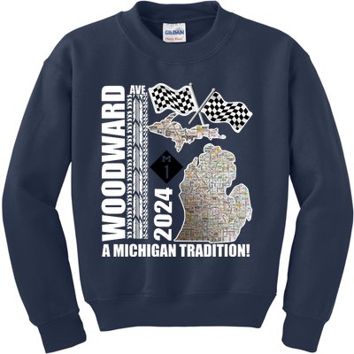 2024 Woodward Ave A Michigan Tradition Map Kids Sweatshirt