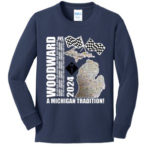 2024 Woodward Ave A Michigan Tradition Map Kids Long Sleeve Shirt