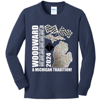 2024 Woodward Ave A Michigan Tradition Map Kids Long Sleeve Shirt