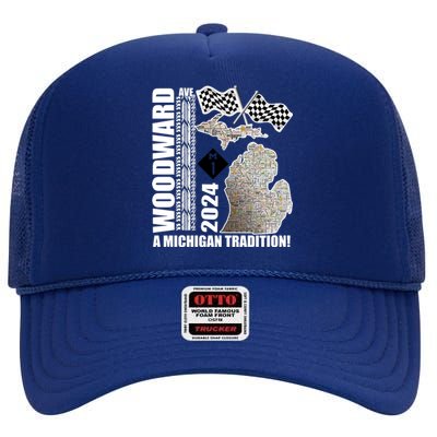 2024 Woodward Ave A Michigan Tradition Map High Crown Mesh Back Trucker Hat