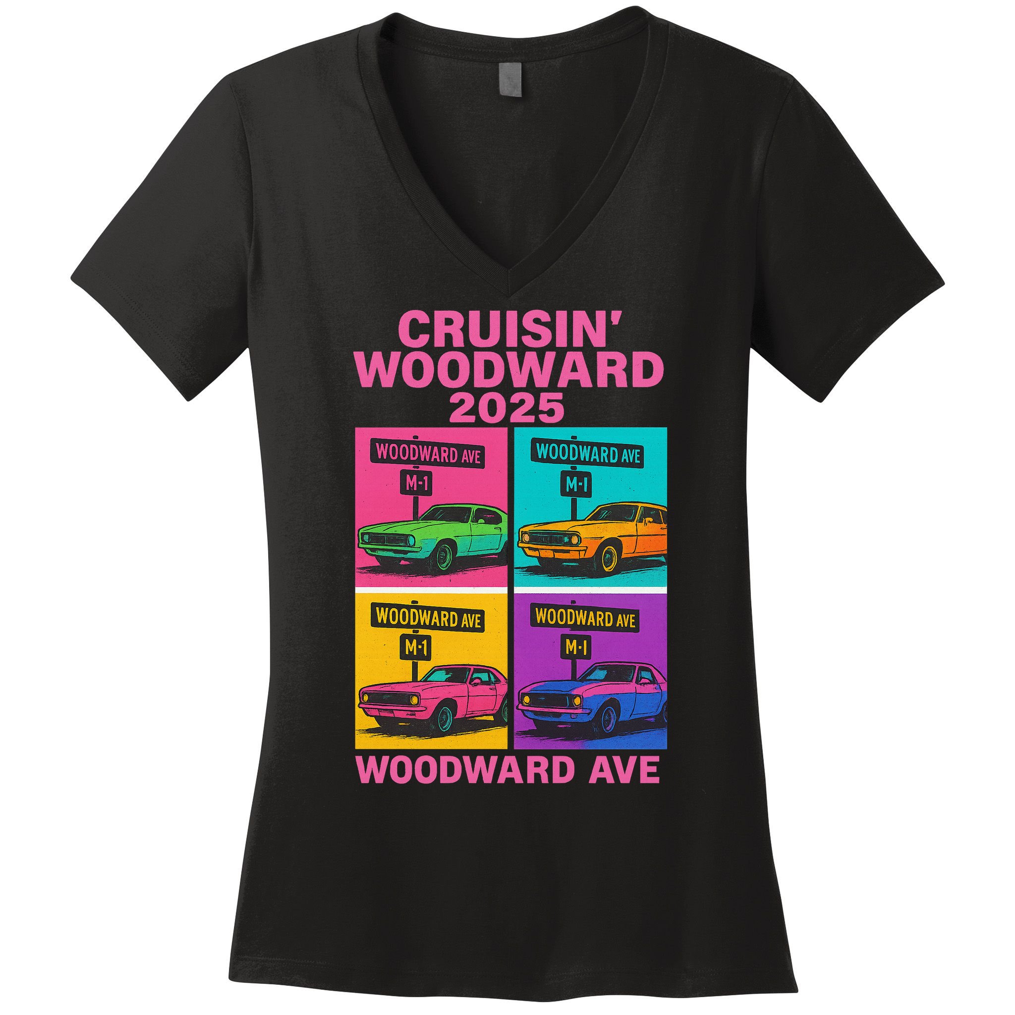 2025 Woodward Ave M1 Car Cruise Pop Art Women's V-Neck T-Shirt