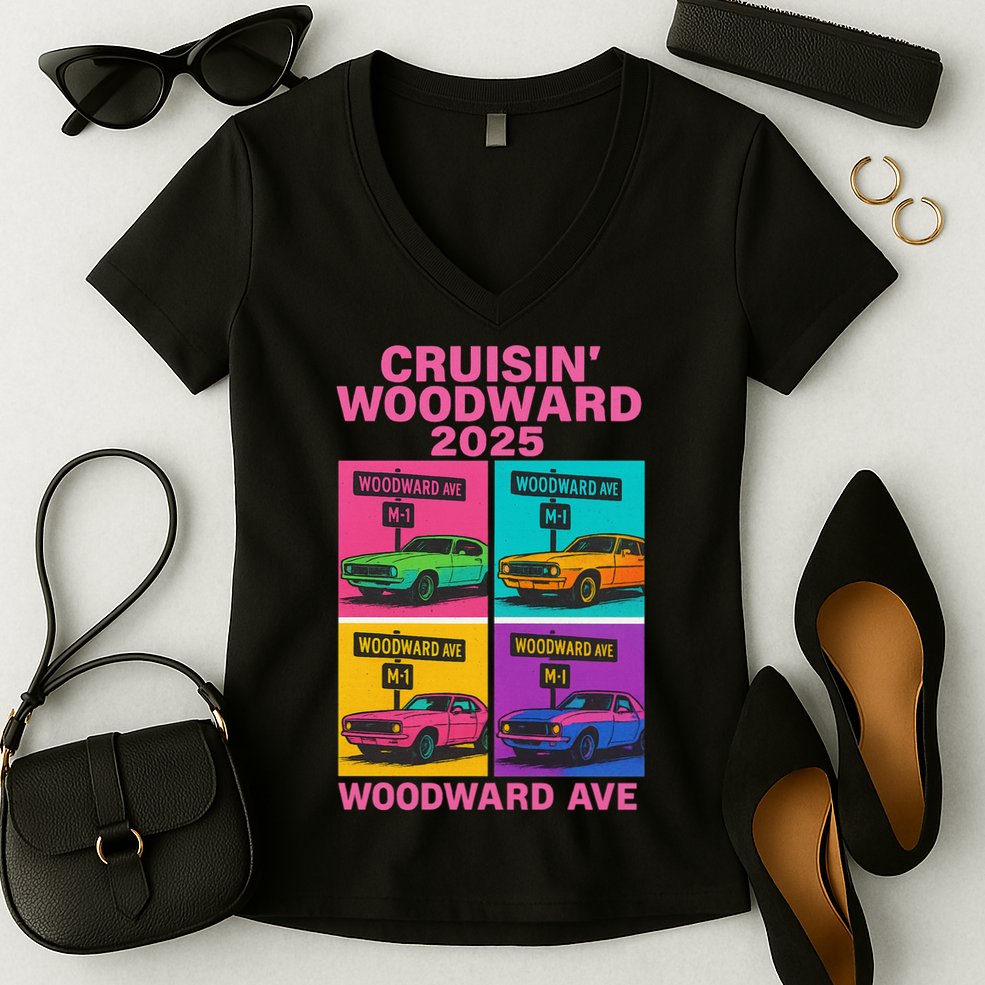 2025 Woodward Ave M1 Car Cruise Pop Art Women's V-Neck T-Shirt