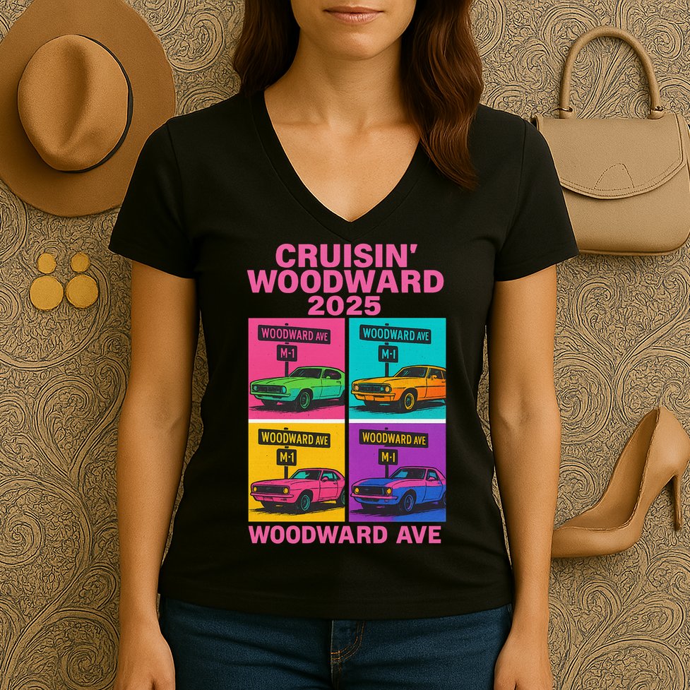 2025 Woodward Ave M1 Car Cruise Pop Art Women's V-Neck T-Shirt