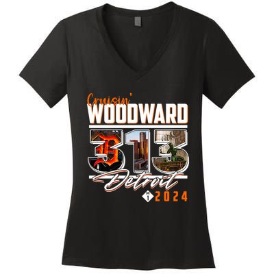 2024 Woodward Ave 313 Cruising Detroit Women's V-Neck T-Shirt