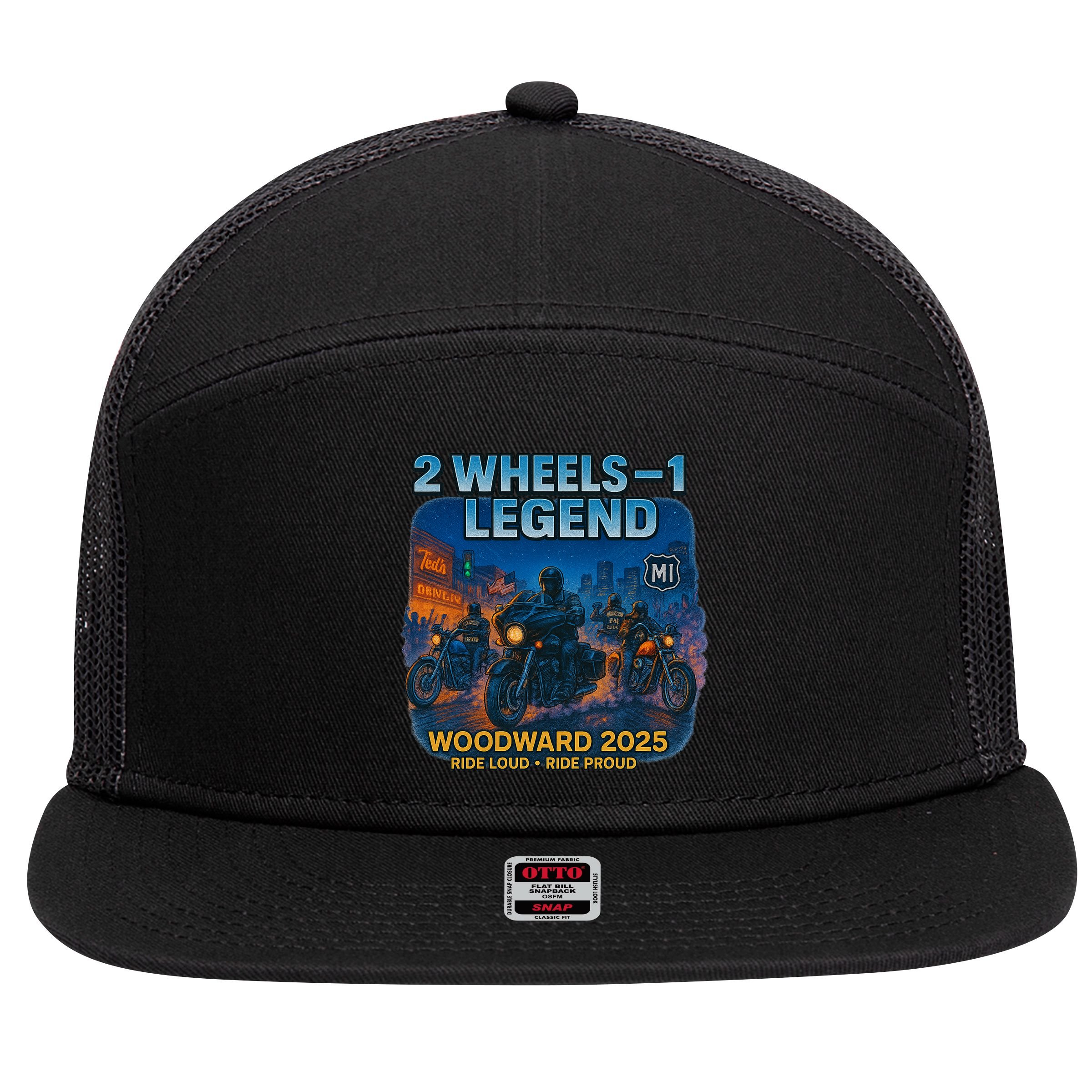 2025 Woodward Biker Legend 2 Wheels  7 Panel Mesh Trucker Snapback Hat
